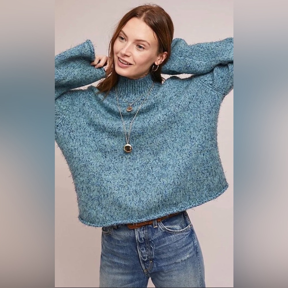 Anthropologie Moth Tinsel Knit Wide Sleeve Sweater Women’s M Blue Turtleneck